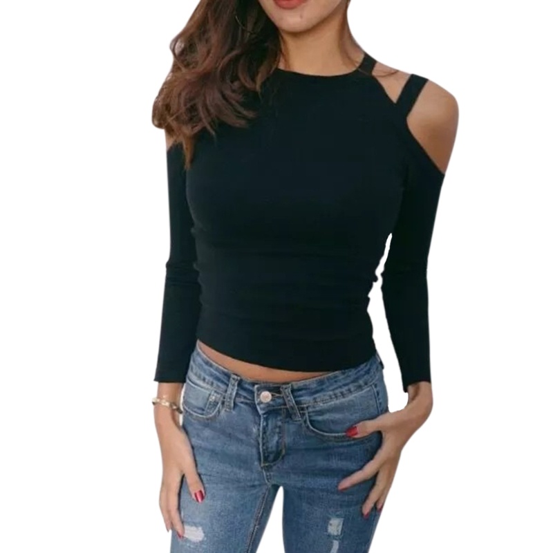 Áo Croptop Dệt Kim Tay Dài Dáng Ôm Hở Vai Quyến Rũ Cho Nữ