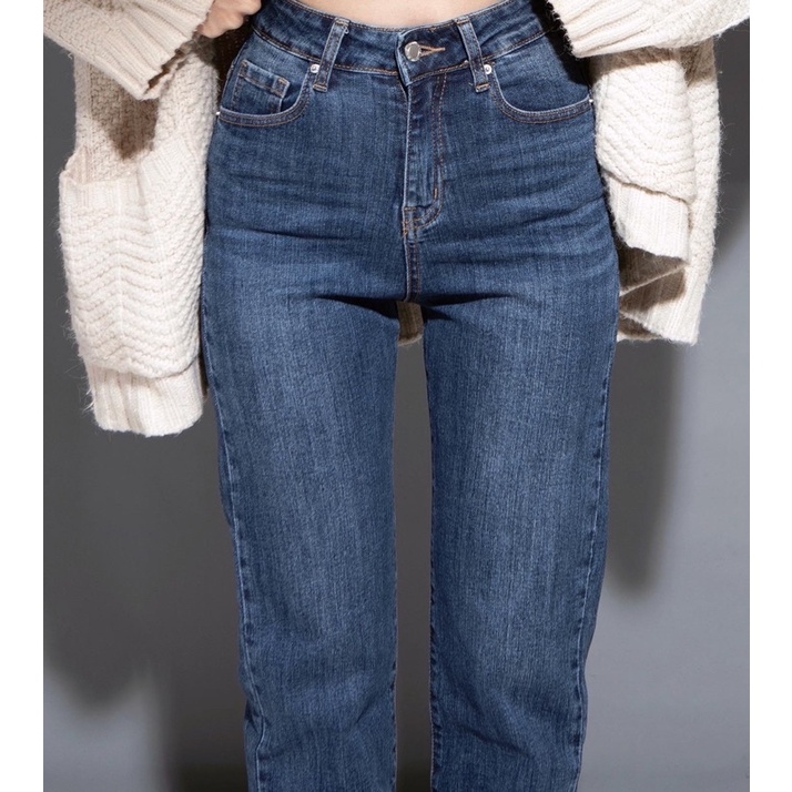 QUẦN JEANS ỐNG ĐỨNG LƯNG CAO CO DÃN - XANH TRUNG