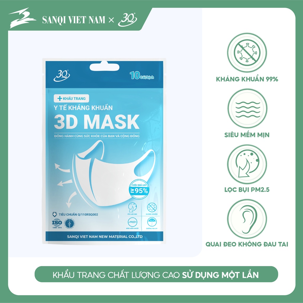 Khẩu trang 3D người lớn 3 lớp kháng khuẩn màu trắng, thương hiệu 3Q, quai vải (hộp 10 cái)