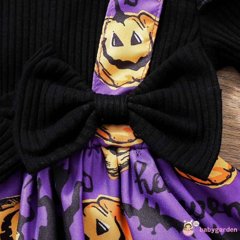 Bộ Áo Liền Quần Tay Dài Có Gân Và Băng Đô In Họa Tiết Bí Ngô Halloween Dành Cho Bé Gái 0-24 Tháng Tuổi