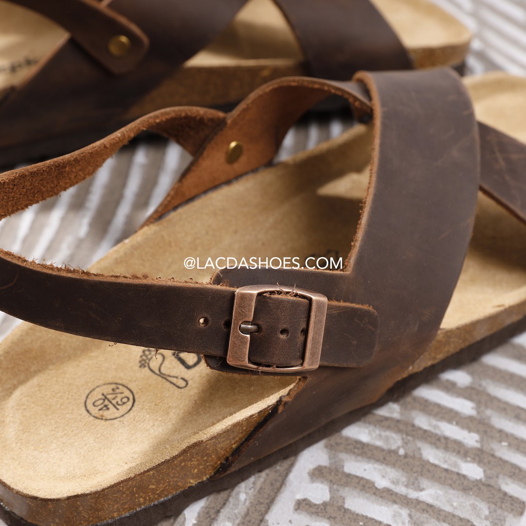 Sandal Lacda nam nữ đế trấu quai chéo vintage nâu da bò thật