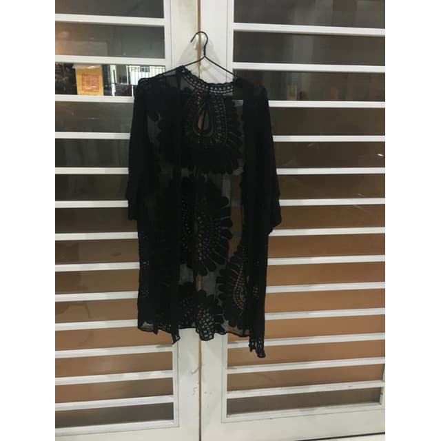 Áo Choàng Kimono Đi Biển Ren Mỏng Sexy, Áo choàng đi biển ren ( trắng - đen)