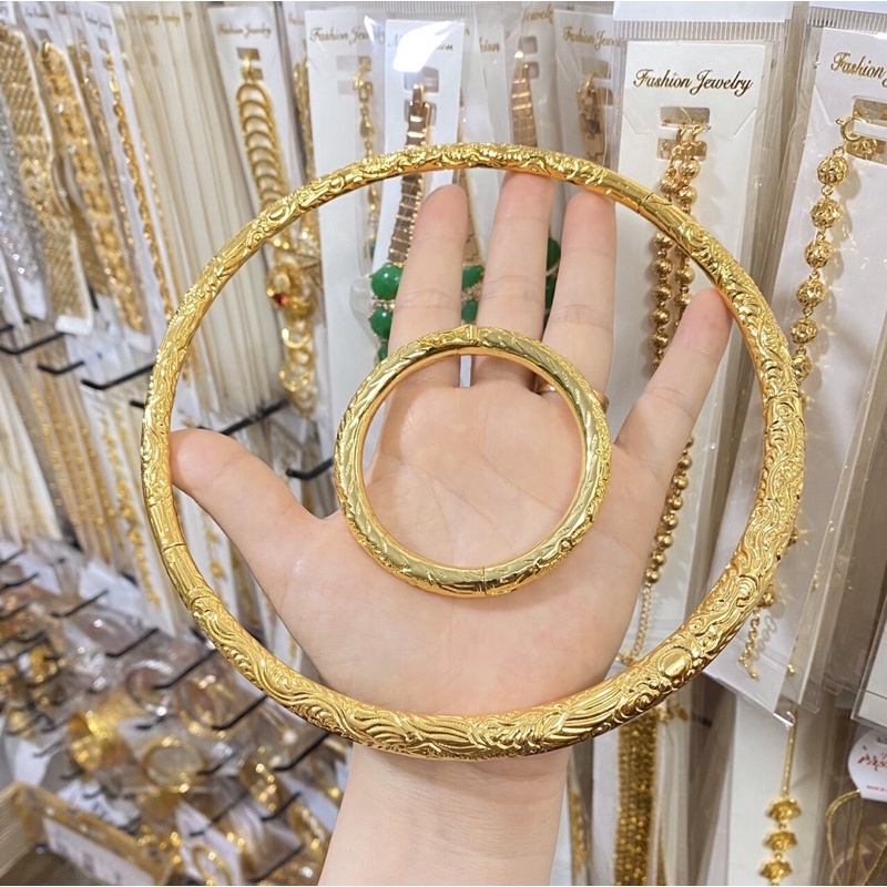 Bộ trang sức 1 kiềng cổ 1 vòng tay bọng chạm rồng phụng mạ vàng 24