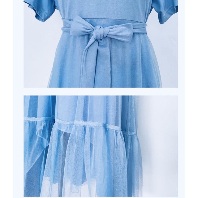 Áo đôi: Váy thun phối lưới kèm thắt lưng + Áo thun nam cổ tròn