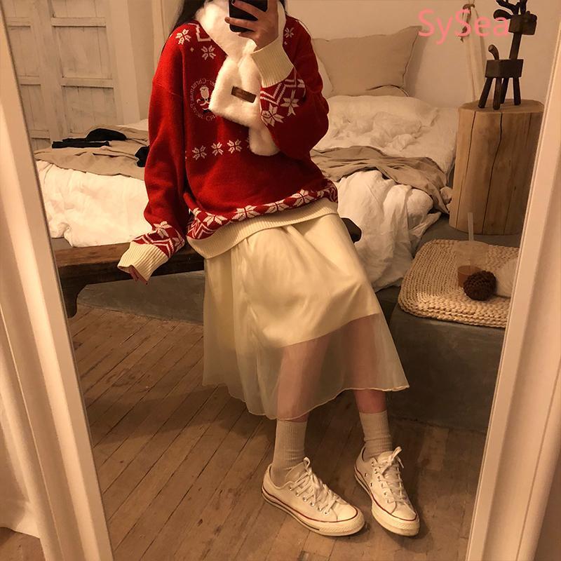 Áo Sweater rộng dáng dài họa tiết Giáng sinh đáng yêu cho nữ