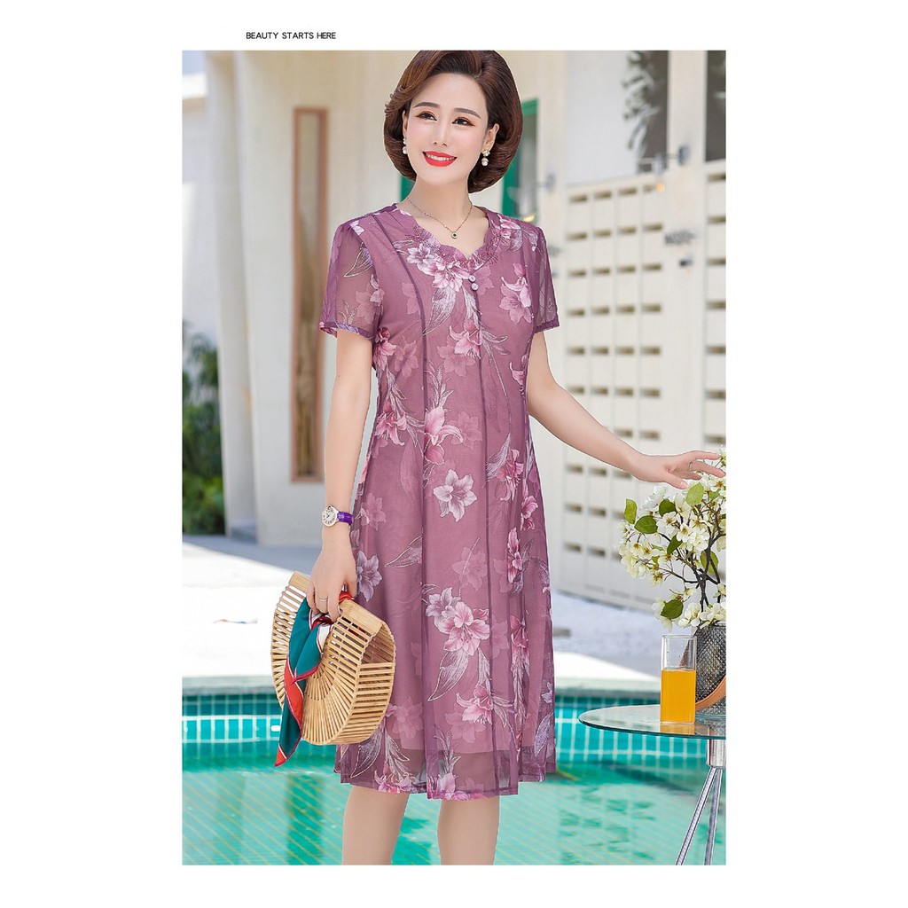Váy hoa ngắn tay trung niên cho mẹ | BigBuy360 - bigbuy360.vn