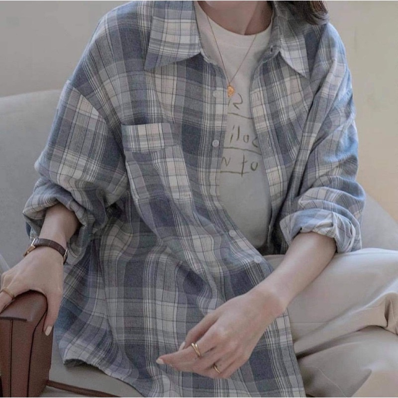 Sơ mi caro xanh dáng rộng có túi ngực-chicclothes