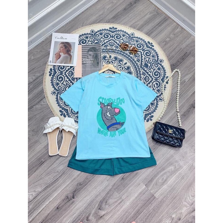 Bộ đồ quần đùi kèm áo phông nữ xanh Chú Chó Tinh Nghịch, sét đồ mặc nhà nữ quần đùi áo thun mặc nhà thể thao năng động
