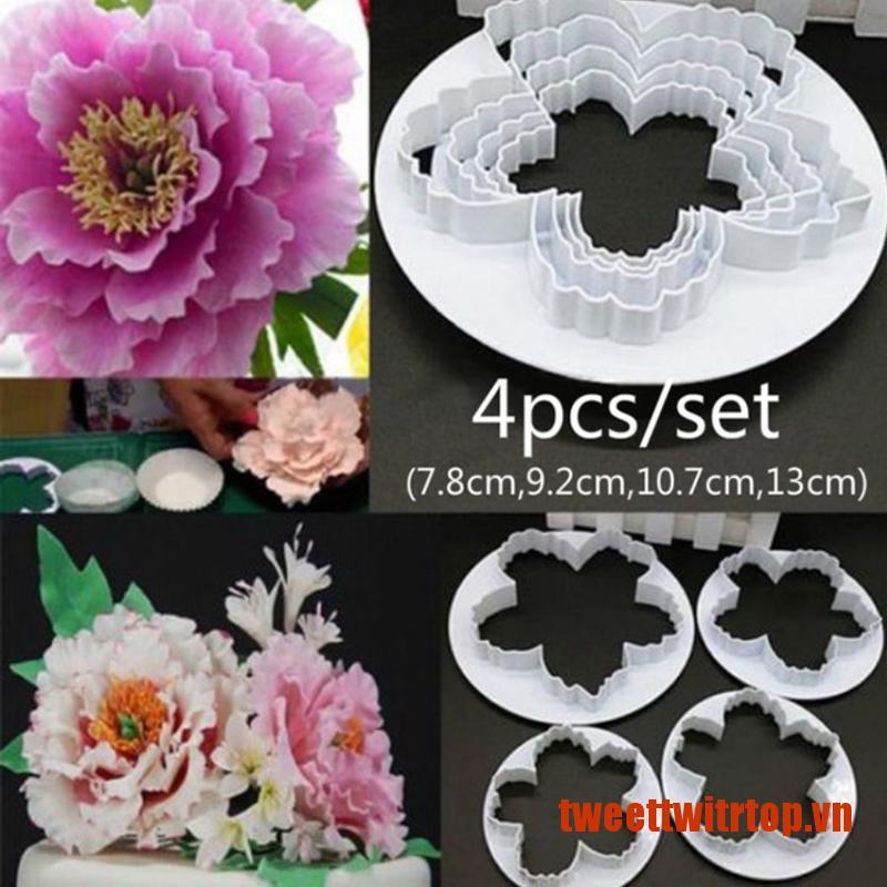 TRTOP 4PCS Peony Flower Mould Plastic Paste Cutter Sets Fondant Gumpaste Mold Too