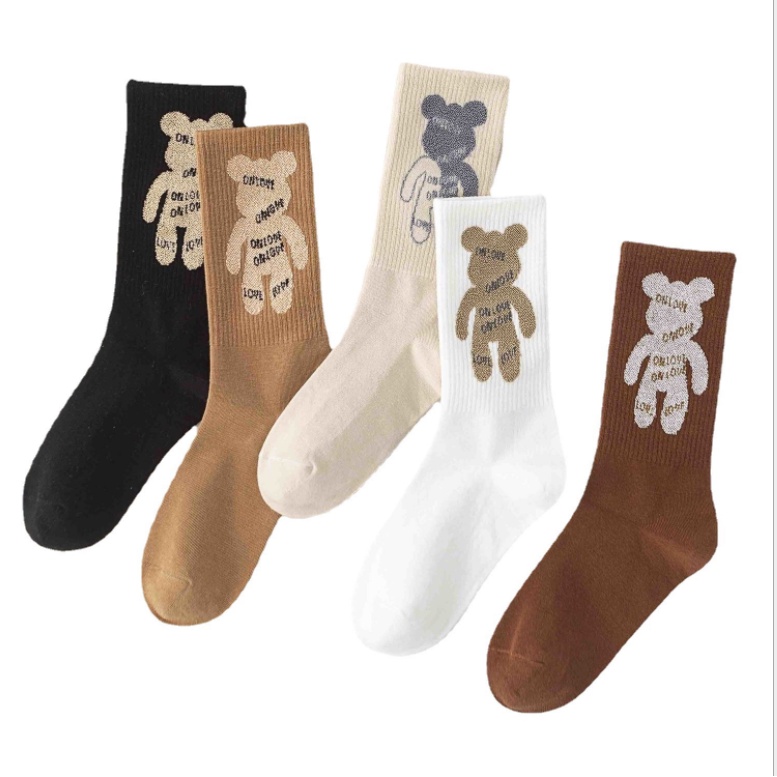 Tất nữ cổ cao họa tiết gấu dày dặn màu vintage phong cách Hàn quốc De Luna