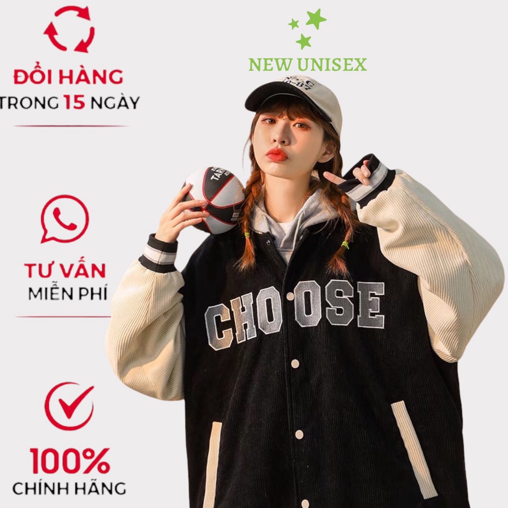 Áo Khoác Nhung Bomber Kiểu Unisex Nam Nữ Thêu Chữ CHOOSE, Chất Liệu Vải Nhung Cao Cấp [NewUnisex]
