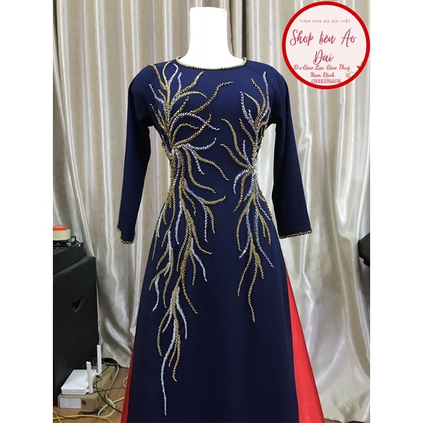 Áo dài xanh đen thiết kế vẽ tay điệu xinh,chất vải lụa, hàng 2 tà điệu xinh