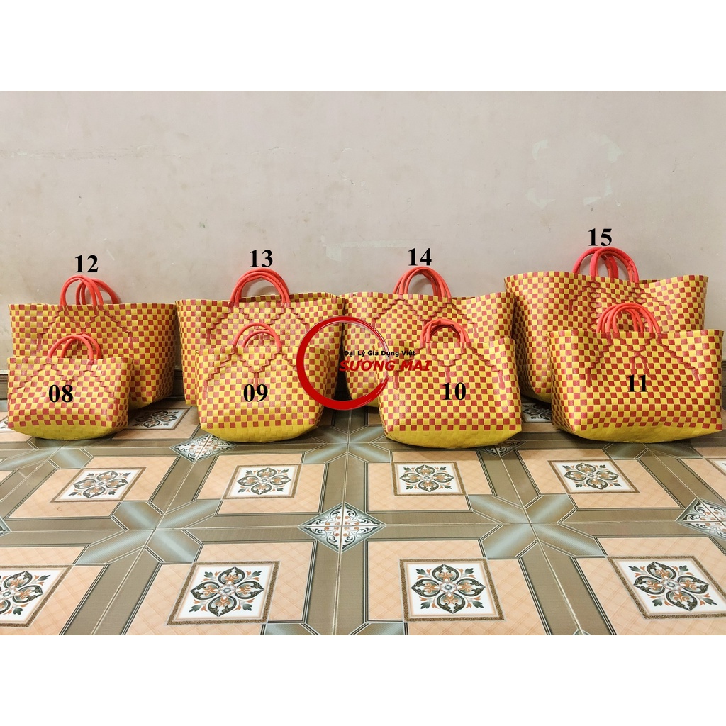 Giỏ Nhựa Đan 14, Làn Đan Dây Nhựa Rẻ,4 quai xách Giỏ Đựng Đồ Thủ Công