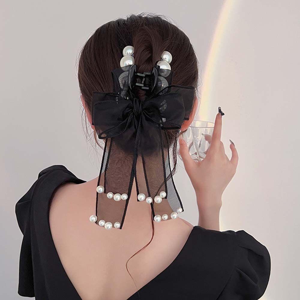 Kẹp Tóc Nơ Ruy Băng Lớn Màu Đen / Be Thời Trang Dành Cho Bạn Nữ WMES15H