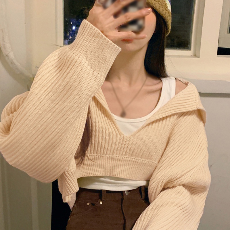 Áo croptop dệt kim tay dài dáng rộng duyên dáng dễ phối đồ cho nữ