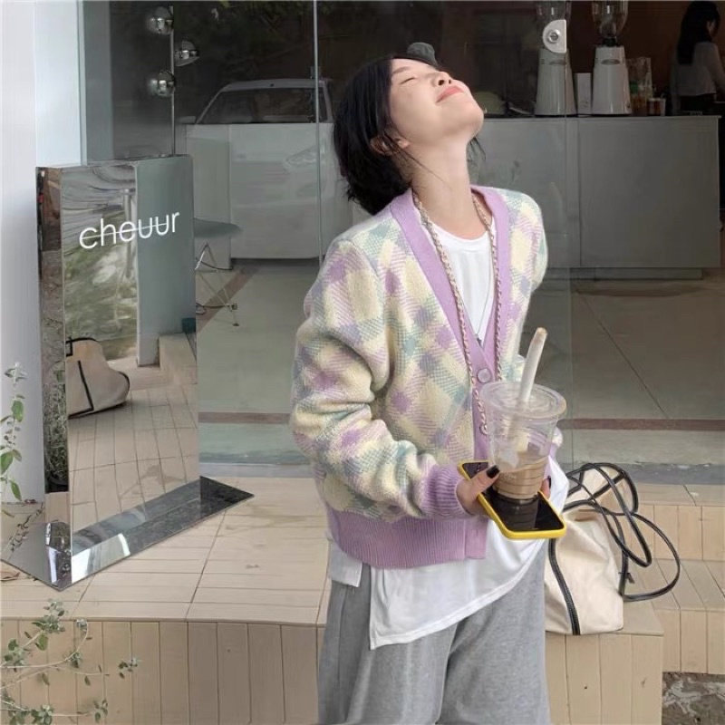 Áo khoác len cảdigan kẻ màu tím chất dày dặn trẻ trung ngọt ngào ulzzang Hàn Quốc