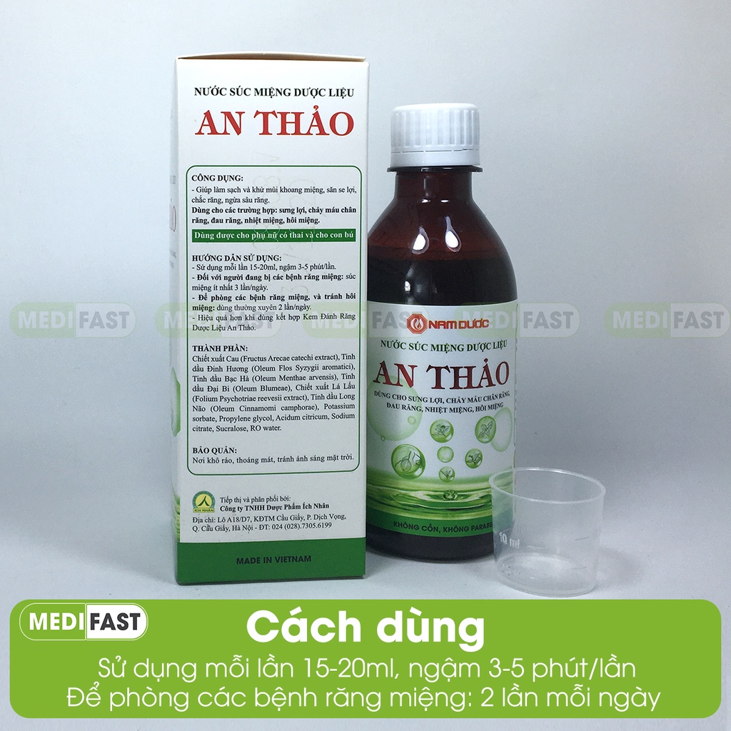 Nước súc miệng An Thảo từ thảo dược phòng các bệnh răng miệng từ vỏ cau, tinh dầu bạc hà, đinh hương