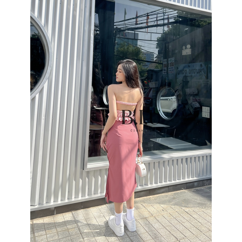 Set áo croptop hở lưng nhún chân váy dài xẻ hot trend màu hồng pinky BB0014 BIU Clothing