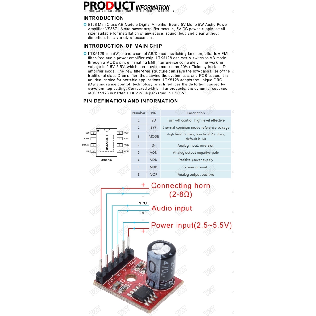 Bo Mạch Khuếch Đại Âm Thanh Mini Tzt 5128 5v Mono 5w Vs8871 Sft-My28