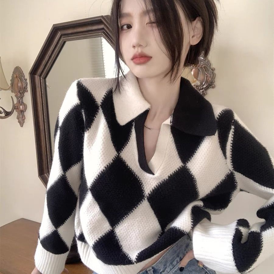 Áo Sweater Dệt Kim Tay Dài Dáng Rộng Màu Sắc Tương Phản Phong Cách Pháp Thời Trang 2022 Cho Nữ