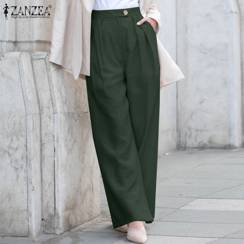 Quần Zanzea ống rộng eo cao màu trơn thời trang đơn giản cho nữ