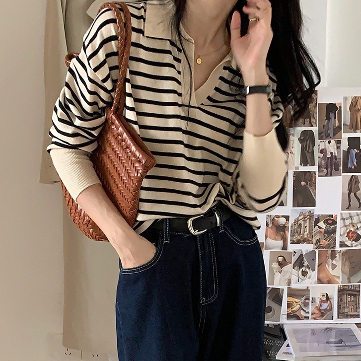 Áo Dệt Kim Tay Dài Cổ Polo Họa Tiết Kẻ Sọc Màu Sắc Thời Trang Cho Nữ