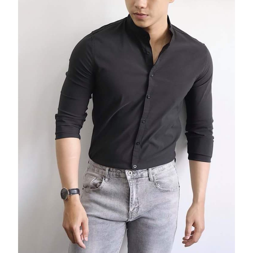 Áo sơ mi nam cổ tàu áo sơ mi Vải Thái Hot đẹp trắng đen Vải êm co giãn nhẹ thoáng mát | BigBuy360 - bigbuy360.vn