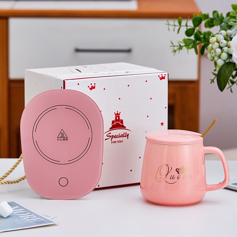 Ly cốc sứ uống trà cafe có nắp KING &amp; QUEEN kèm đế hâm nóng tự động cực đẹp