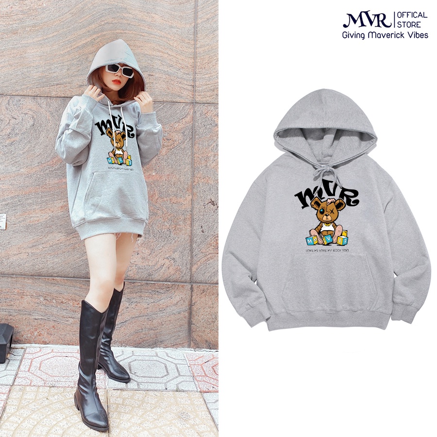 Áo hoodie da cá vải cotton form rộng Hàn Quốc style hình gấu cute mvr tay dài màu đen xám KK1358