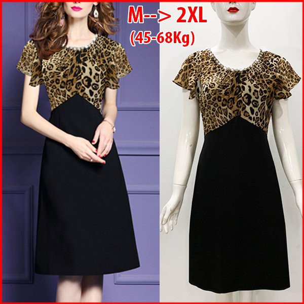 GOTI – Đầm Suông Trung Niên Nhiều Size Kiểu Chữ A Dành Cho Mẹ In Hoạ Tiết Beo Phối Viền Cổ 3299