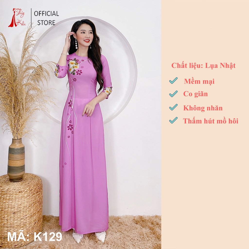 ☏Áo dài nữ truyền thống thiết kế may sẵn tết cách tân tím cà hoa trắng K129 Thúy Kiều mềm mại co giãn giá rẻ