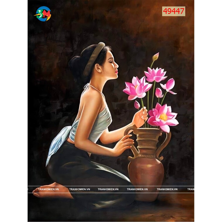 Tranh treo thiếu nữ bên hoa sen trang trí tường đẹp yêu kiều tặng kèm khung tranh