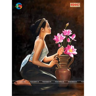 tranh treo thiếu nữ bên hoa sen trang trí tường đẹp yêu kiều tặng kèm khung tranh