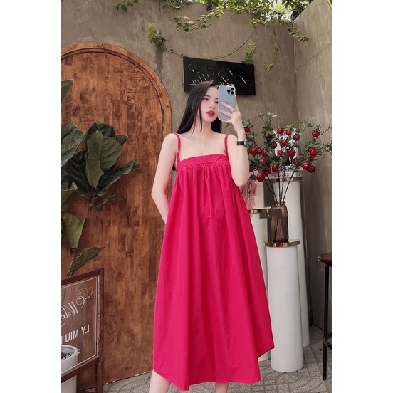 Váy 2 dây dáng suông đuôi tôm màu hồng sen