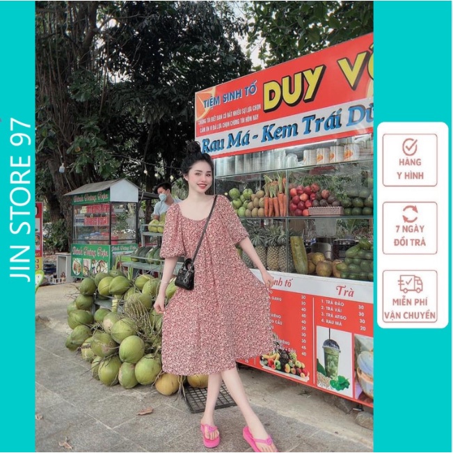 Váy hoa nhí dáng dài xuông tay bồng babydool dây lưng siêu đẹp mặc đi làm, đi chơi, đi biển mã V14