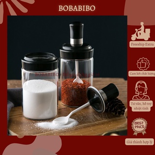 Lọ đựng gia vị, hũ đựng gia vị thuỷ tinh kèm thìa cao cấp chịu nhiệt, nắp gắn kèm thìa tiện lợi 250 ml bobabibo