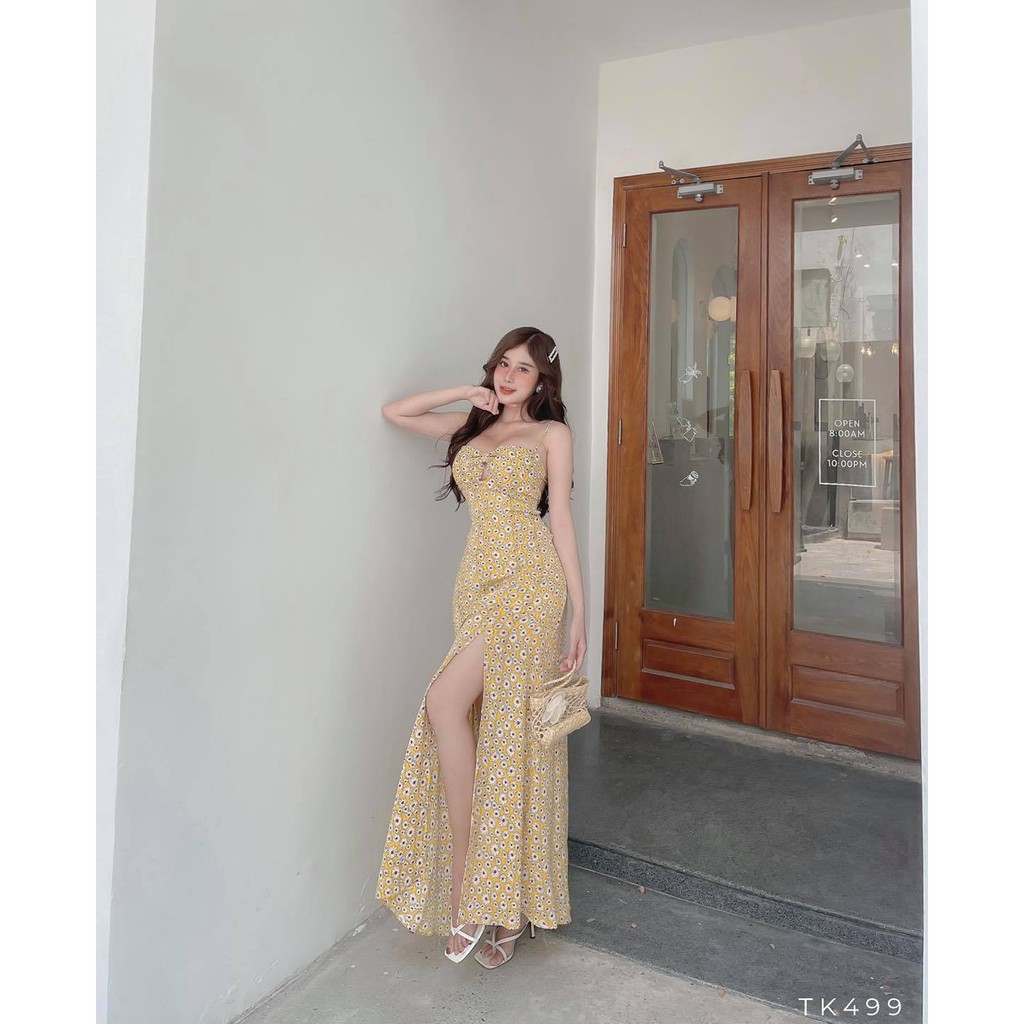 [HÀNG THIẾT KẾ CAO CẤP] Đầm Maxi Hai Dây Xẻ Tà  Cut Out Lưng Hoa Nhí Đi Biển Màu Vàng