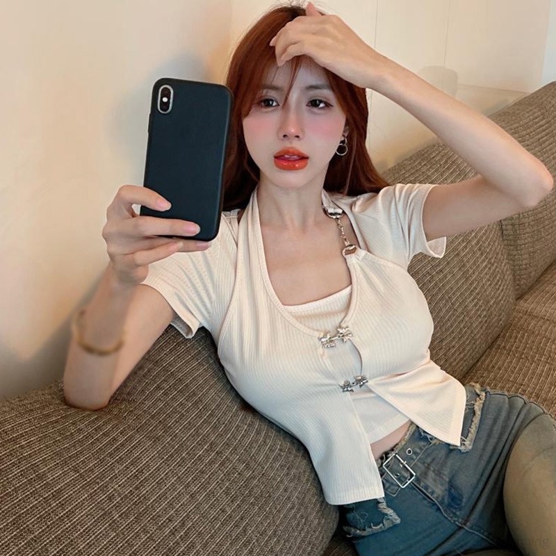 Áo Thun Ngắn Tay Giả Hai Lớp Phong Cách Hàn Quốc Dành Cho Nữ