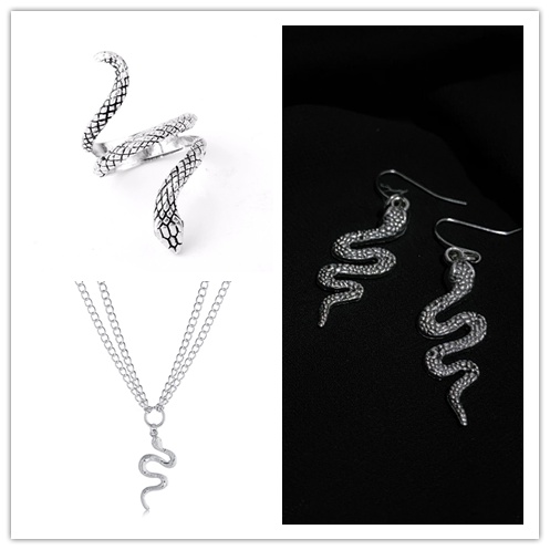 Cod Qipin Bộ Trang Sức Vòng cổ Nhẫn Bông Tai Hình Rắn Phong Cách Punk Hàn Quốc Thời Trang Dành Cho Cặp Đôi Pop Ccessories