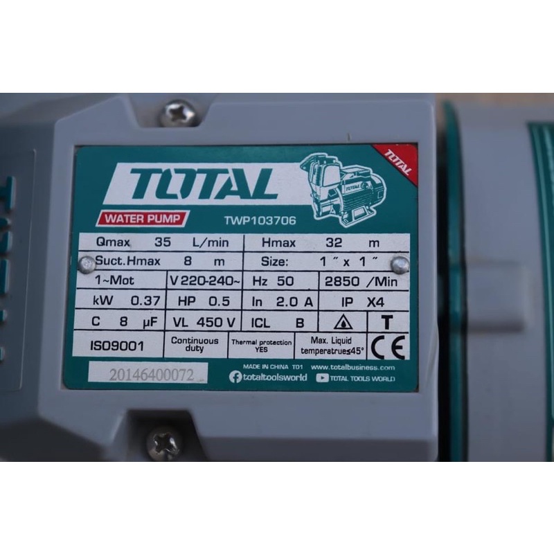 TOTAL Máy Bơm Nước 0.5HP TWP103706 (Cam kết Chính Hãng 100%)