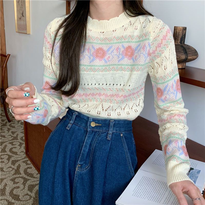 Áo Sweater Tay Dài Cổ Tròn Thiết Kế Đục Lỗ Thời Trang Mùa Thu Hàn Quốc Mới 2021