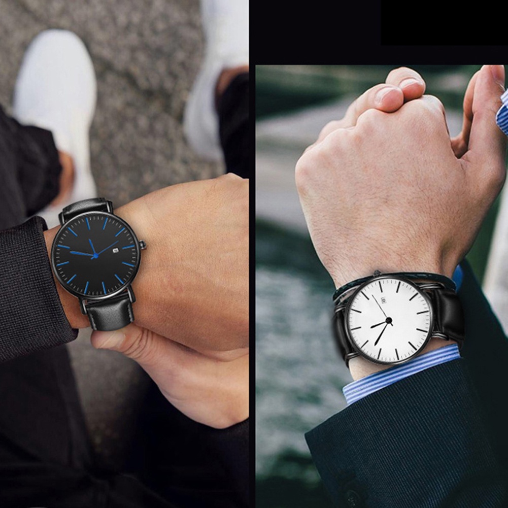 MACmk Business Men Minimalist Calendar Round Dial Faux Leather Band Quartz Wrist Watch