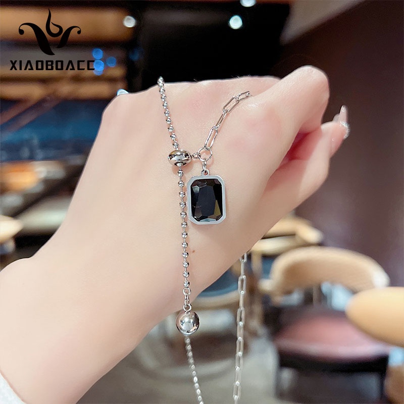 XiaoboACC Dây Chuyền Đính Đá Mặt Hình Vuông Bằng Thép Titan - 38CM+6CM