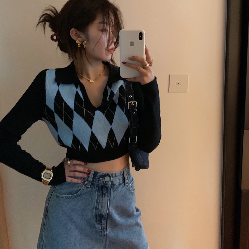 Áo sweater dệt kim dáng ngắn phong cách retro thời trang