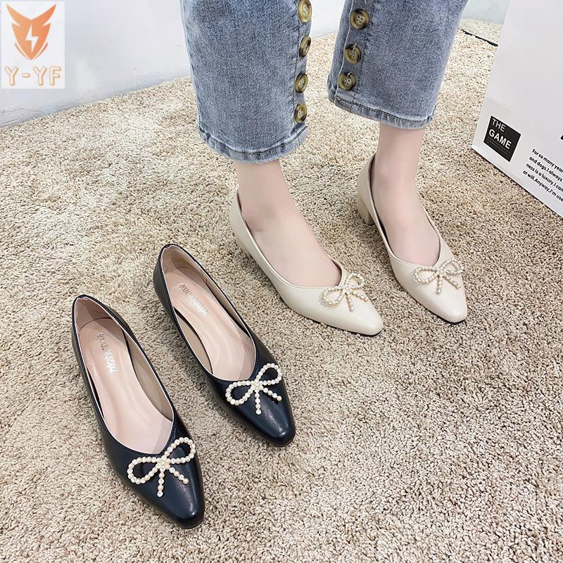 [High quality]Square toe shallow shoes women's spring 2021 new net red wild fairy style pearl bow thick heel high heels