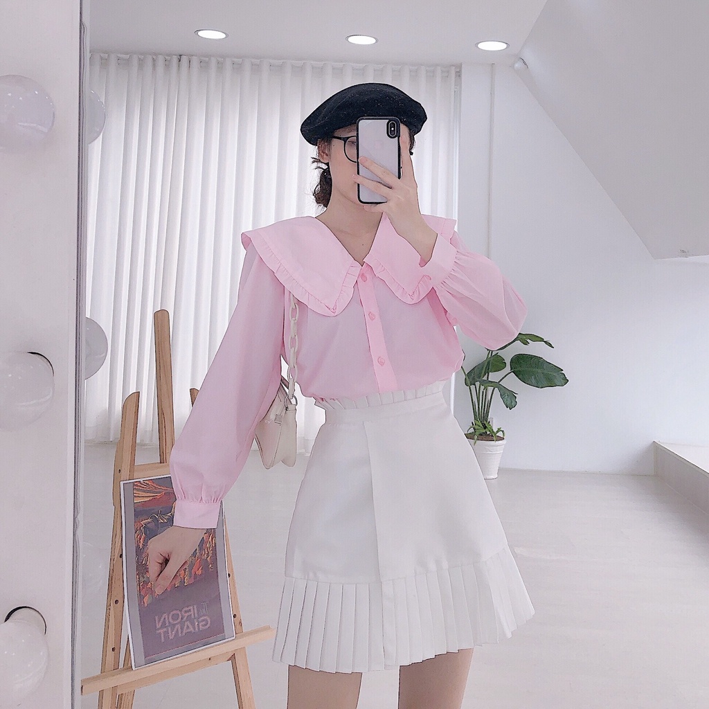 Áo sơ mi nữ cổ sen bản to, áo sơ mi nữ công sở, dạo phố, áo sơ mi vải cotton thoáng mát, thiết kế trẻ trung thanh lịch