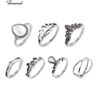 Set 7 Nhẫn midi Chạm Khắc Hoa Sen / Giọt Nước