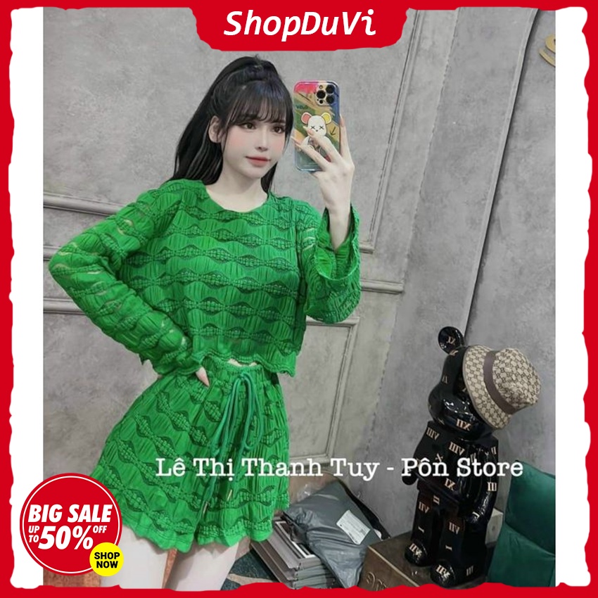 Set Nữ , Set Bộ Áo From Rộng Crotop Tay Dài Loe & Quần Ngắn From A Hàng Thiết Kế Chuẩn Shop