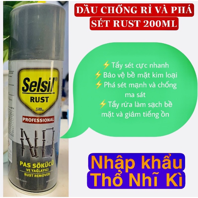 Dầu chống rỉ và phá sét cực nhanh, tẩy rửa làm sạch bề mặt và chống ma sát Selsil Rust 200ml (nhập khẩu Thổ Nhĩ Kì)