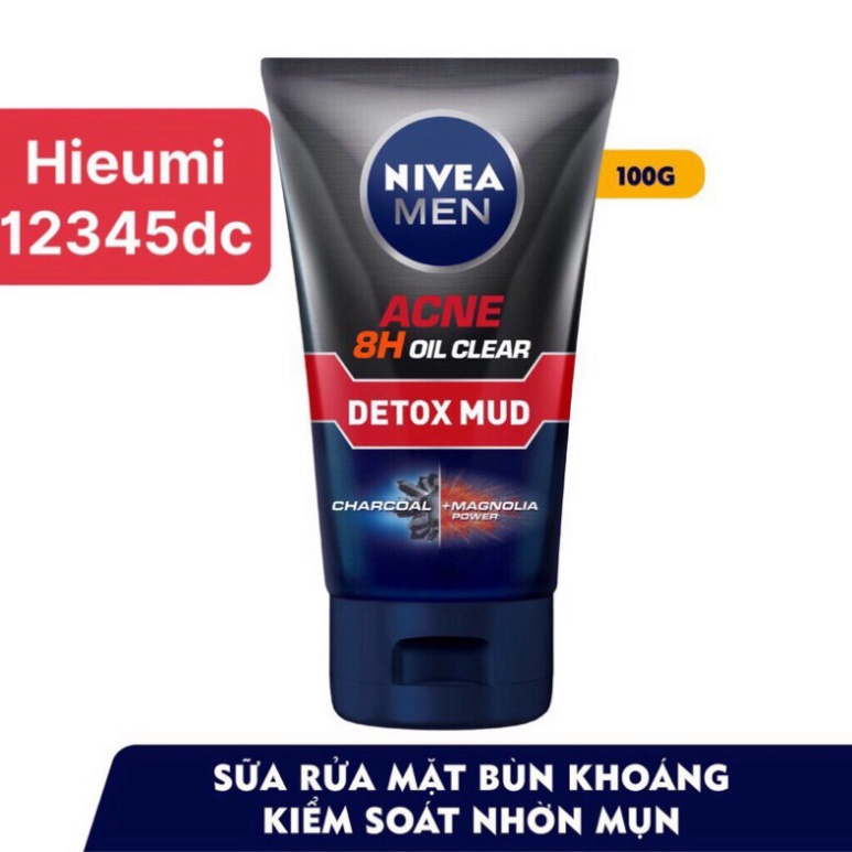 Sữa rửa mặt NIVEA MEN Detox Mud bùn khoáng giúp giảm mụn &amp; hư tổn da (100g)
